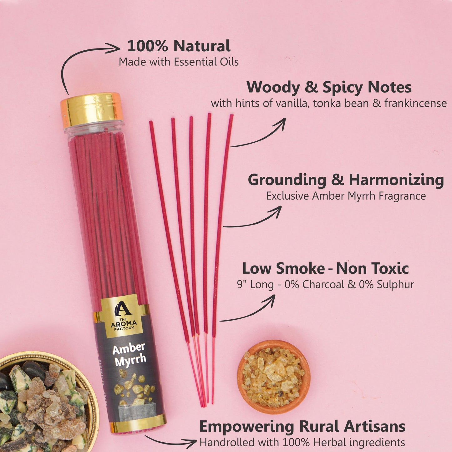 The Aroma Factory Organic Incense Sticks (Herbal Agarbatti for Smudging, Cleansing) 0% Charcoal, 0% Sulphur, 3 x 100g Bottle (Santal & Vanilla, Amber Myrrh, Oudh & White Woods)
