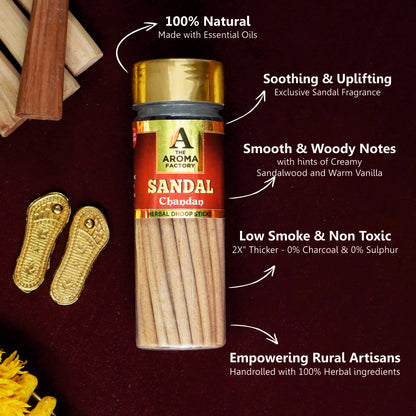 The Aroma Factory Sandalwood Chandan Dhoop Stick (0% Charcoal 0% Suphates) Herbal Incense Dhoopbatti Bottle Pack, 100g