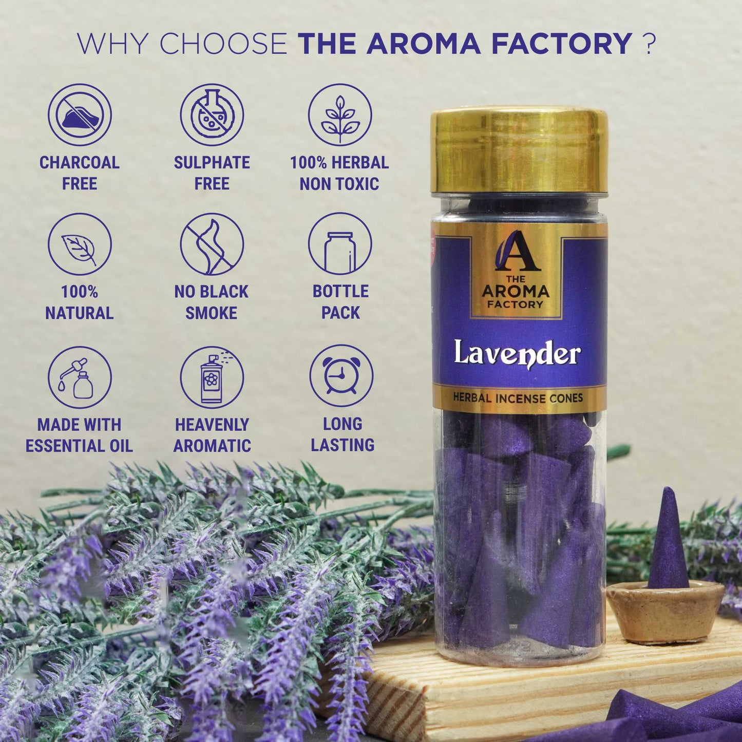The Aroma Factory Lavender Serenity Set, Complete Aroma Collection of Agarbatti, Dhoop Batti, Dhoop Cone, Camphor Tablet & Reed Diffuser, Combo of 5