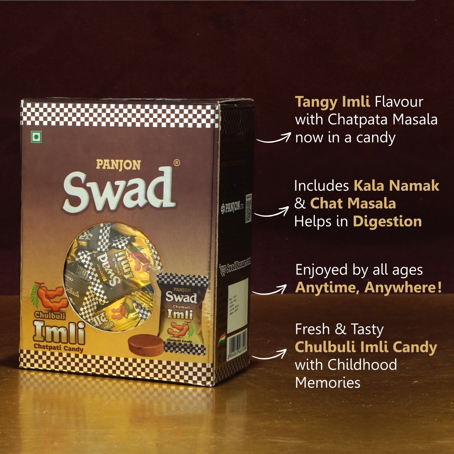 Swad Imli Candy Gift Box Pack (Tamarind Masala Flavour) Digestive Chocolate, 125 Toffee Gift Box