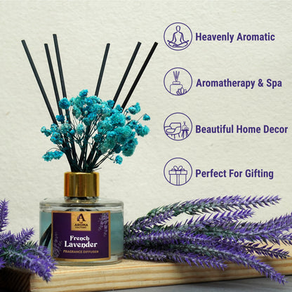 The Aroma Factory Fragrance Diffuser Set with Fibre Reed Sticks, Real Flowers, 100 ml (3.4 Oz) Aroma Oil (Lavender, 1 Box)