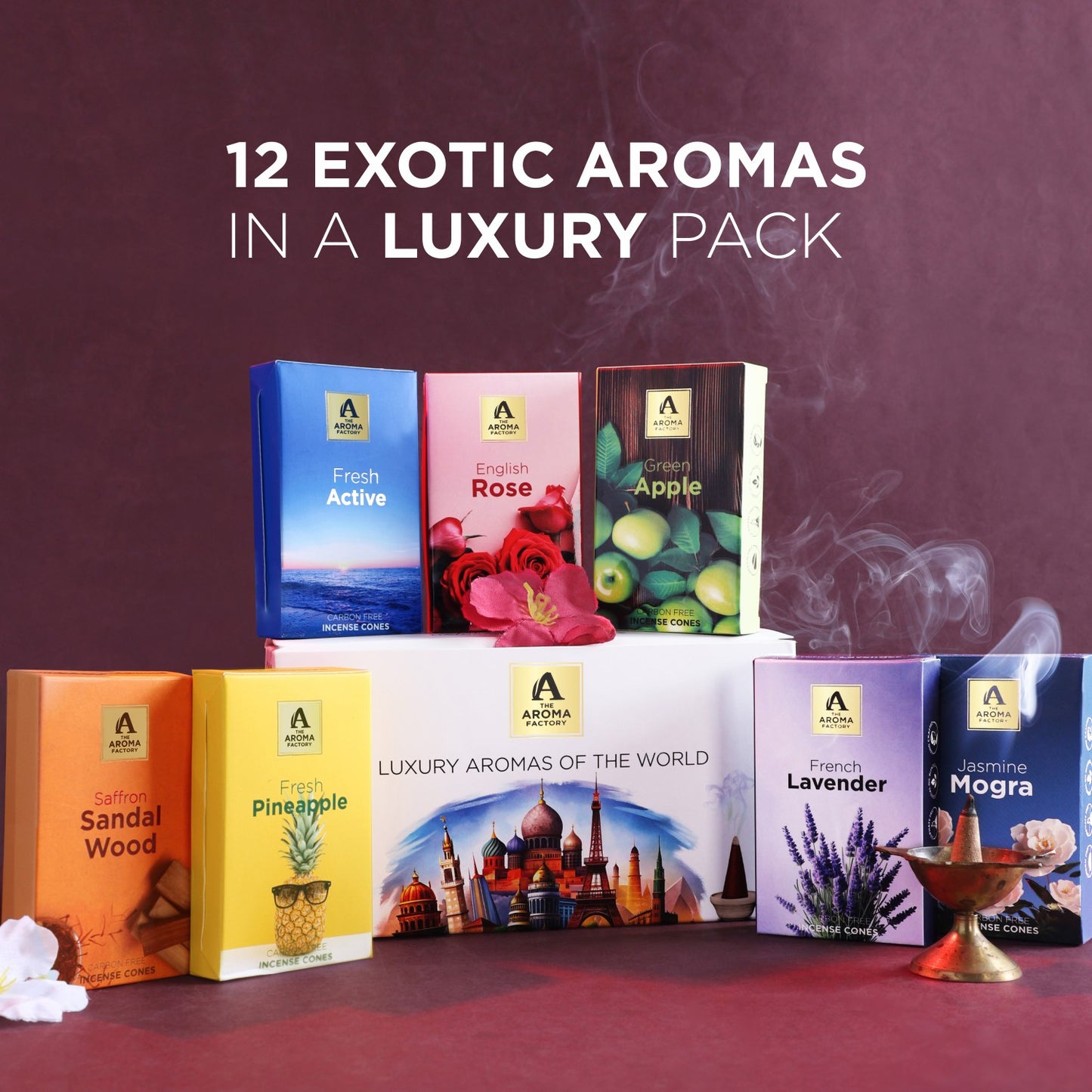 The Aroma Factory Combo Incense Dhoop Cone Gift Set with 12 Exotic Fragrances x 20 gm