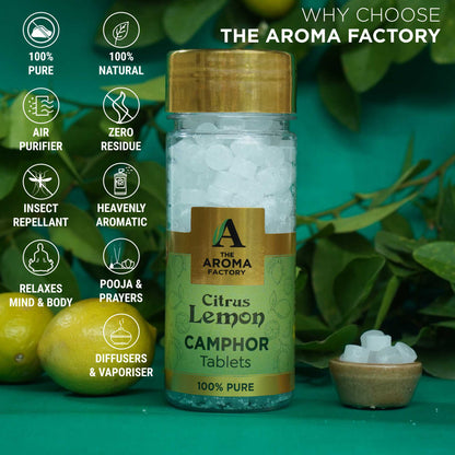 The Aroma Factory 100% Pure Camphor Tablets Jasmine,Kesar Chandan & Citrus Lemon Fragrances Pack of 3 Bottle