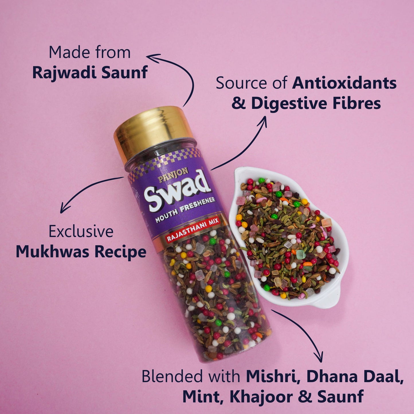 Panjon Swad Mukhwas Mouth Freshener 5 bottles (Rajasthani, Rajbhog, Mumbaiya, Kashmiri, Maharaja Mix) 750g