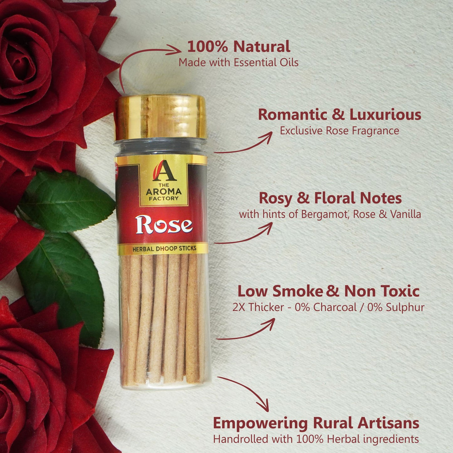 The Aroma Factory Organic Chandan,Rose,Gugal Dhoop Batti Sticks for Pooja with dhup Incense Holder Stand,Best for Long Lasting Fragrances (Pack of 3x100g)