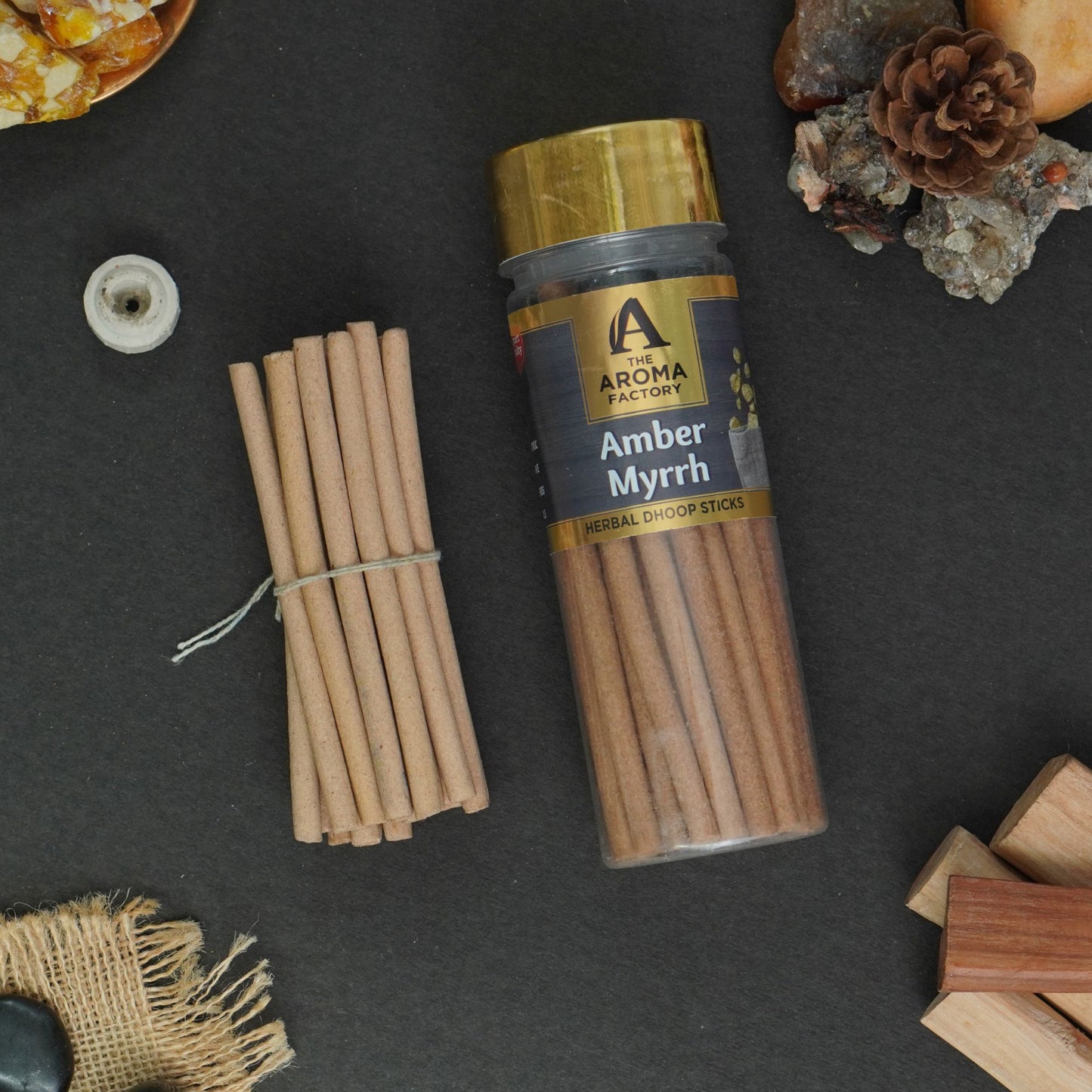 The Aroma Factory Dhoop Batti Set (Palo Santo, Amber & Myrrh, White Sage, Chandan, Oudh & White Woods) Herbal Dhup Sticks in Jute Bag, 5 Bottles x 100g