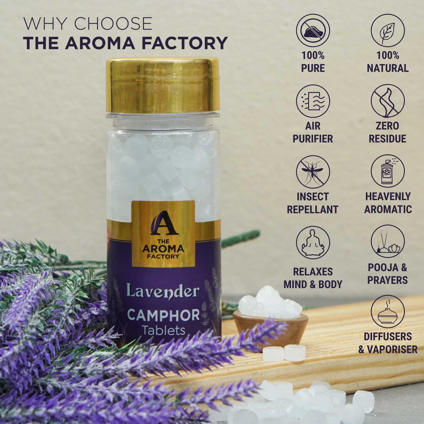 The Aroma Factory 100% Pure Camphor Tablets Lavender,Jasmine & Rose Fragrances Pack of 3 Bottle