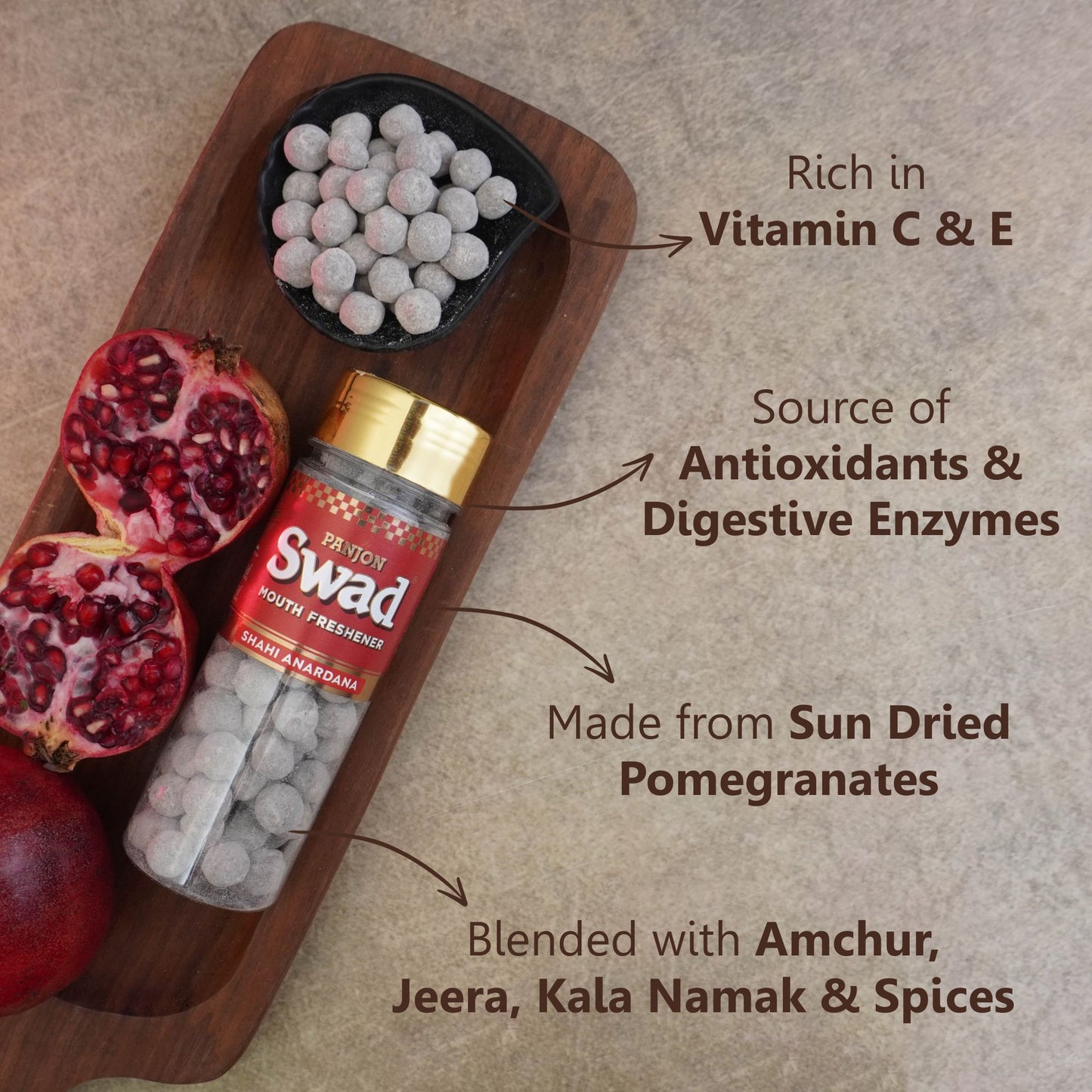 Panjon Swad Pachak 5 bottles (Shahi Anardana, Jeera goli, Meetha Amla Candy, Khatta Meetha aam mango slices & Imli Ram ladoo Mouth fresheners) 700g