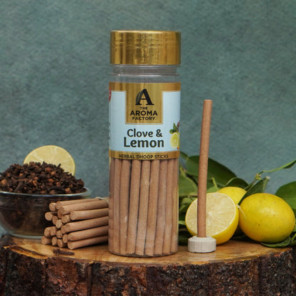 The Aroma Factory Dhoop batti, No Bamboo Herbal Dhoop Sticks with Incense Holder, 3 Bottle x 100g (Clove & Lemon, Lemongrass & Palo Santo)