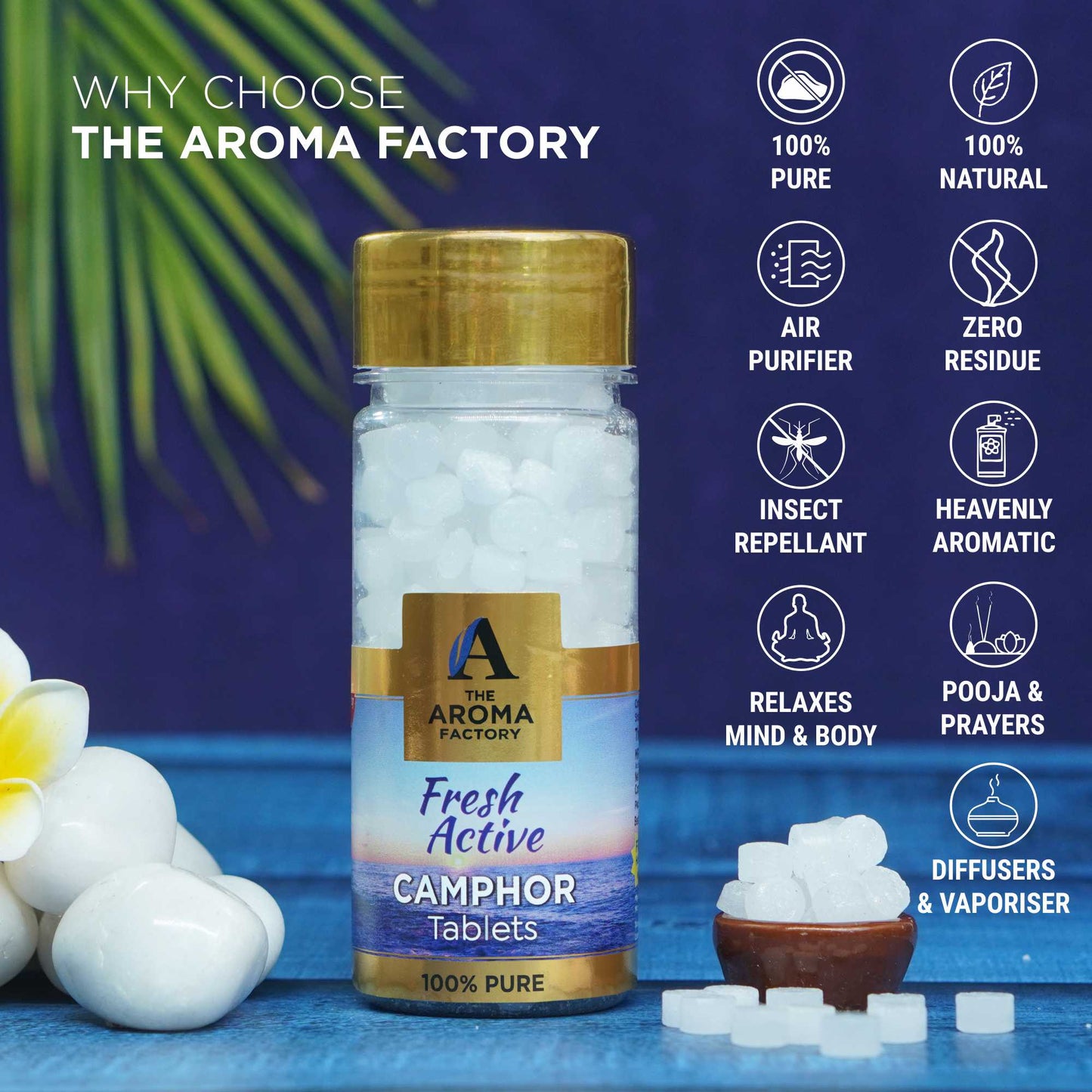 The Aroma Factory 100% Pure Camphor Tablets Fresh Active,Kesar Chandan & Original Fragrances Pack of 3 Bottle