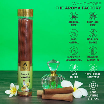 The Aroma Factory Organic Incense Sticks (Herbal Agarbatti for Smudging, Cleansing) 0% Charcoal, 0% Sulphur, 3 x 100g Bottle (Santal & Vanilla, Amber Myrrh, Oudh & White Woods)