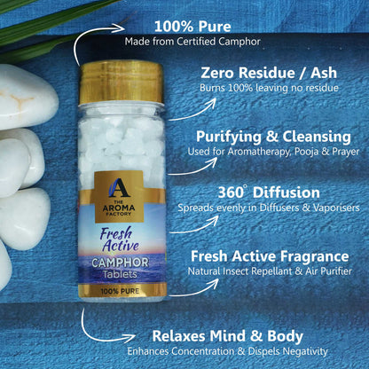 The Aroma Factory 100% Pure Camphor Tablets Original, Citrus Lemon,Jasmine, Fresh Active & Lavender Fragrances Packof 5 Bottle