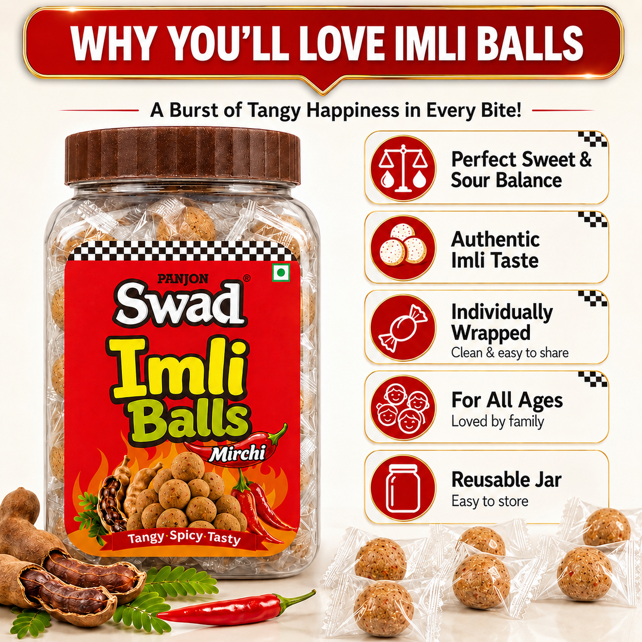 Swad Mirchi Imli Balls Khatti Meethi Candy | Tangy & Spicy Tamarind Candy | Chatpata Imli Goli | Sweet & Sour Indian Candy | Tamarind Balls Jar Pack | 220g