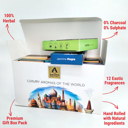 The Aroma Factory Combo Incense Dhoop Cone Gift Set with 12 Exotic Fragrances x 20 gm