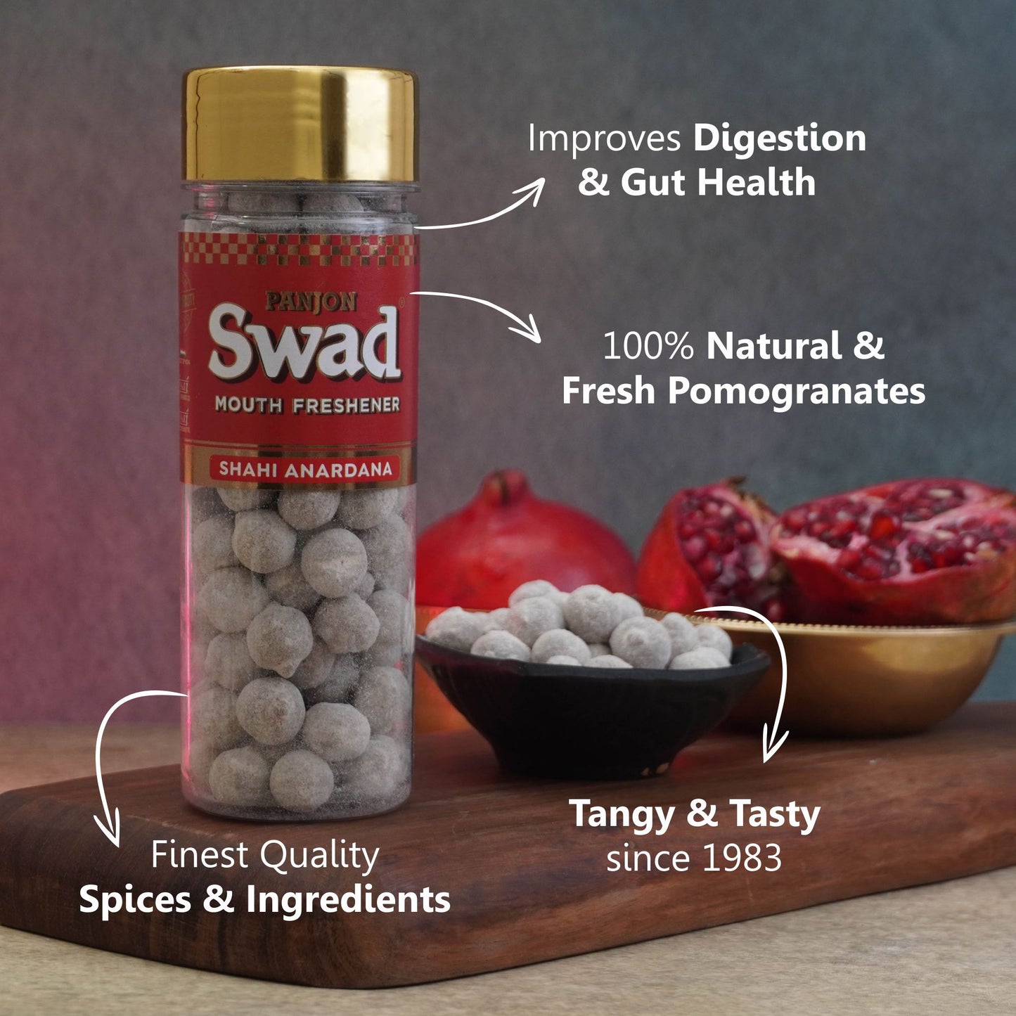 Swad Mouth Fresheners (Anardana Goli, Jeera Goli, Khatta Meetha Aam, Imli Pop Ram Ladoo, Hing Peda Mukhwas) 5 Bottles, 765g