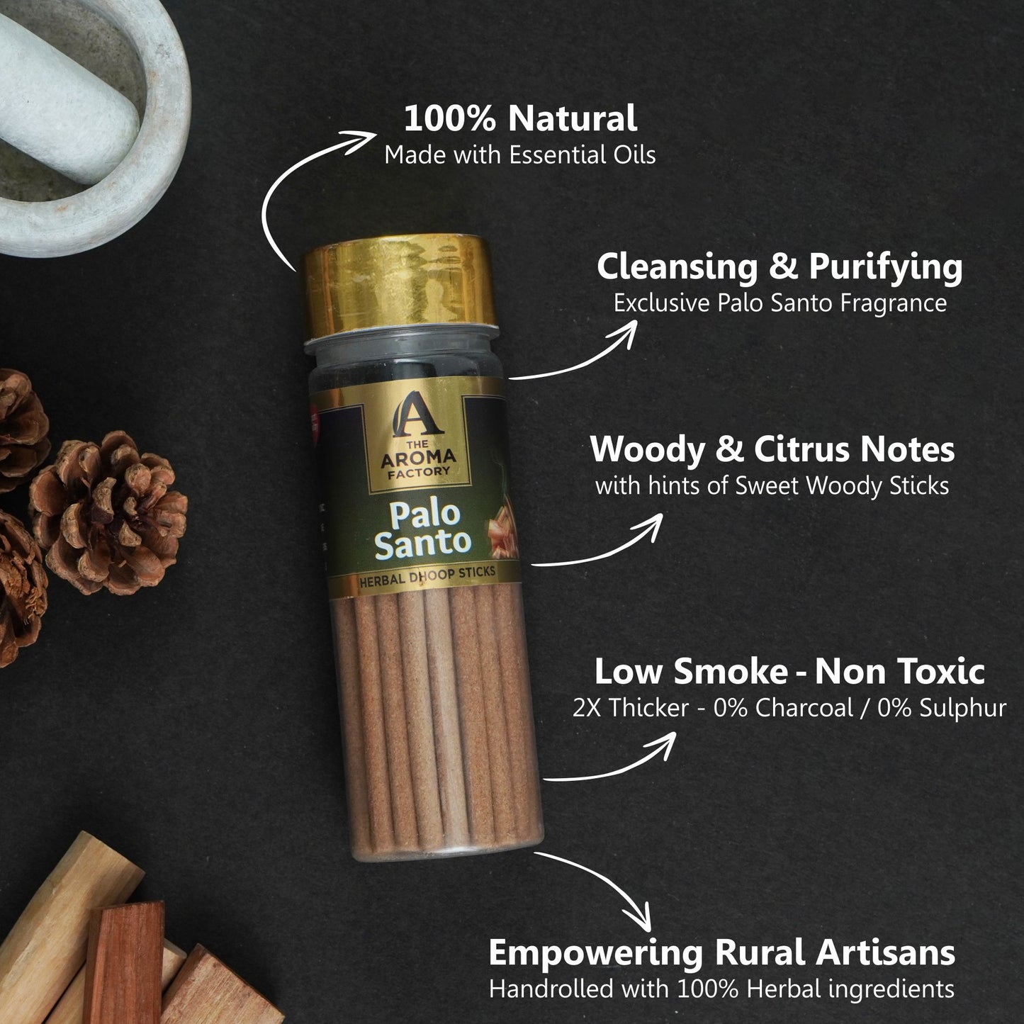 The Aroma Factory Dhoop batti, No Bamboo Herbal Dhoop Sticks with Incense Holder, 3 Bottle x 100g ( Palo Santo, White Sage &  Kesar Chandan )