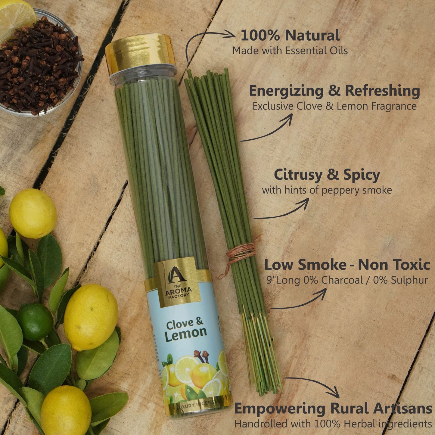 The Aroma Factory Organic Incense Sticks (Herbal Agarbatti for Smudging, Cleansing) 0% Charcoal, 0% Sulphur, 3 x 100g Bottle (Santal & Vanilla, Jasmine & Chocolate & Clove & Lemon)