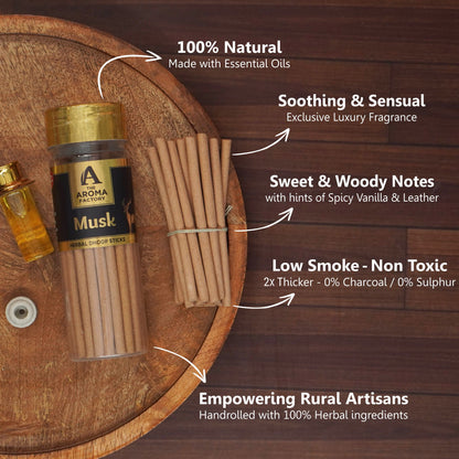 The Aroma Factory Dhoop batti, No Bamboo Herbal Dhoop Sticks with Incense Holder, 3 Bottle x 100 g (Kasturi Musk, Oudh & White Woods & Kesar Chandan)