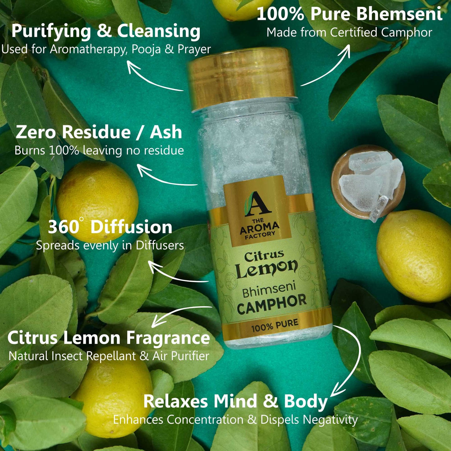 The Aroma Factory 100% Pure Bhimseni Camphor Kesar Chandan,Lavender,Original,Citrus Lemon & Rose Fragrances Pack of 5 Bottle