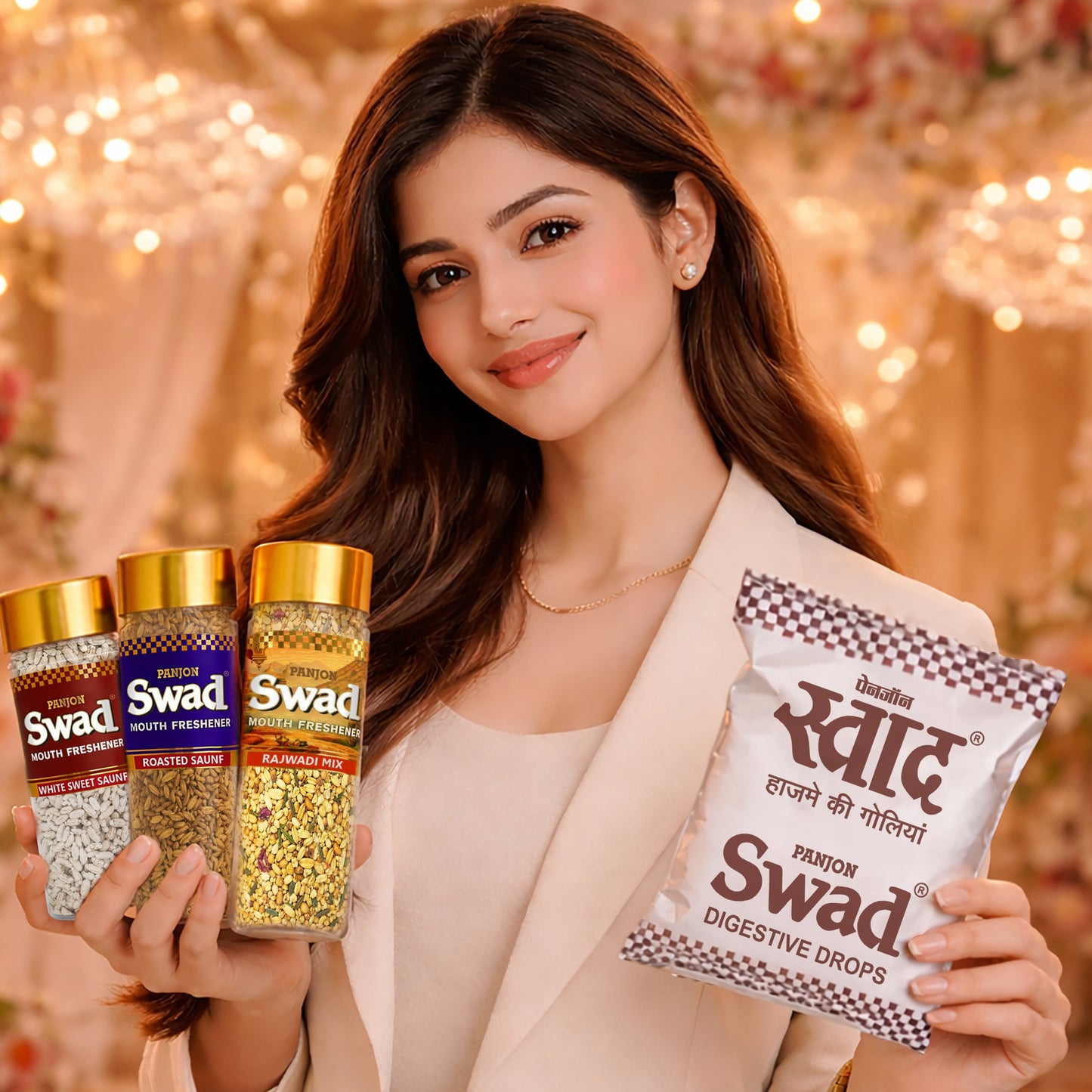 Swad Digestive Candy Pouch (25pcs) White Sweet Saunf, Roasted Saunf, Rajwadi Mukhwas Mouthfresheners, 4 units