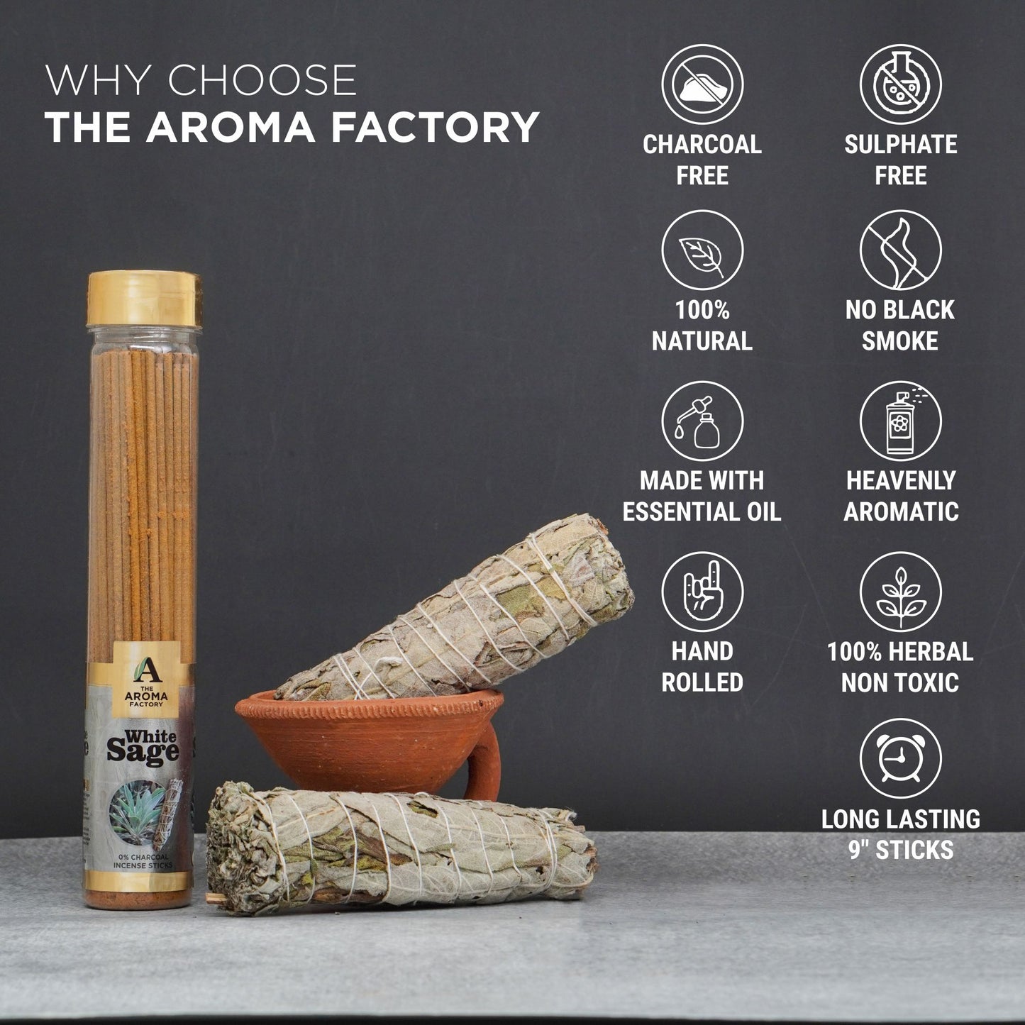 The Aroma Factory White Sage Aura, Complete Fragrance Collection of Agarbatti, Dhoop Batti, Dhoop Cone, Dry Leaves Bundle & Reed Diffuser, Combo of 5