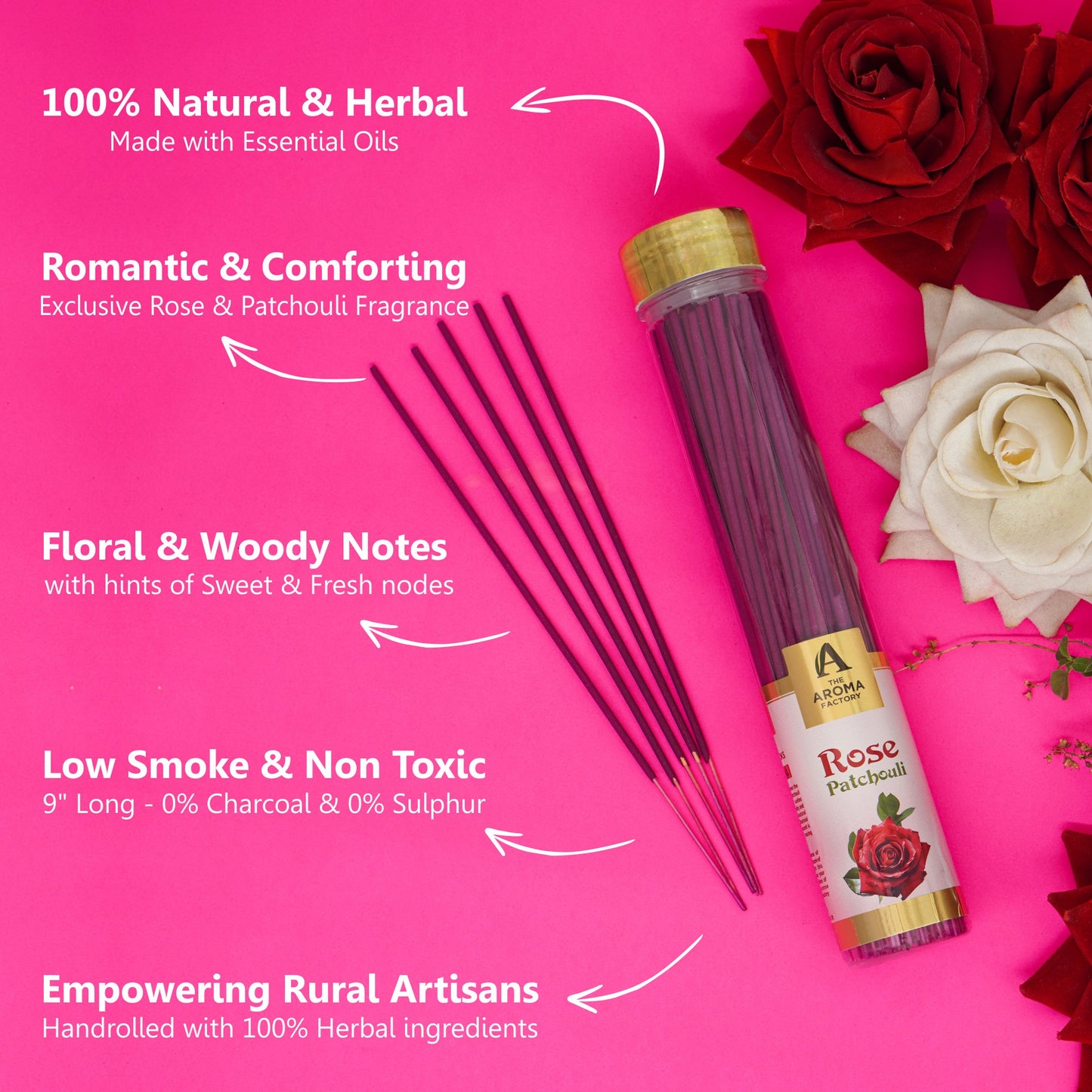 The Aroma Factory Organic Incense Sticks (Herbal Agarbatti for Smudging, Cleansing) 0% Charcoal, 0% Sulphur, 3 x 100g Bottle (Clove & Lemon, Lemongrass & Rose Patchouli)