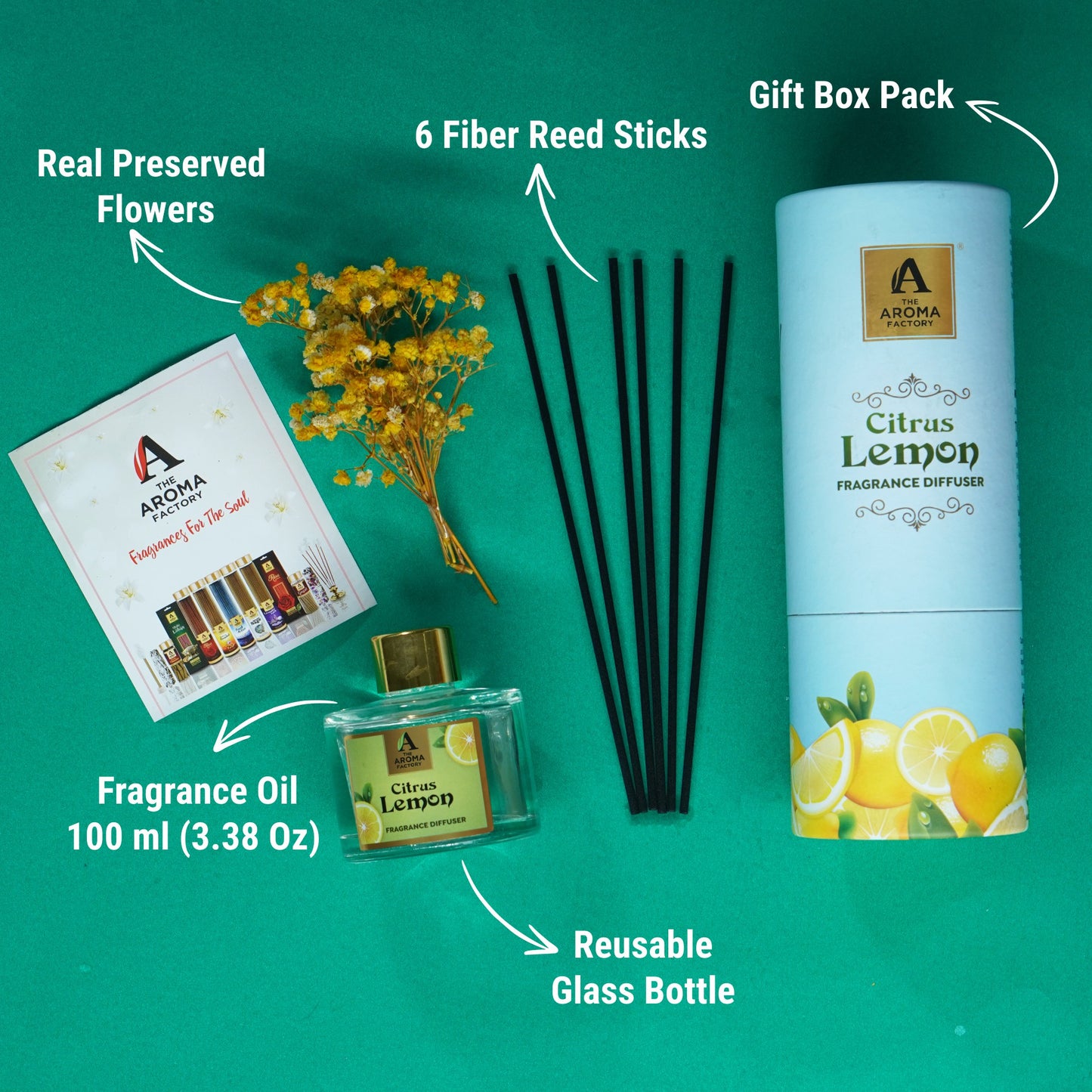 The Aroma Factory Fragrance Diffuser Set with Fibre Reed Sticks, Real Flowers, 100 ml (3.4 Oz) Aroma Oil (Lemon, 1 Box)