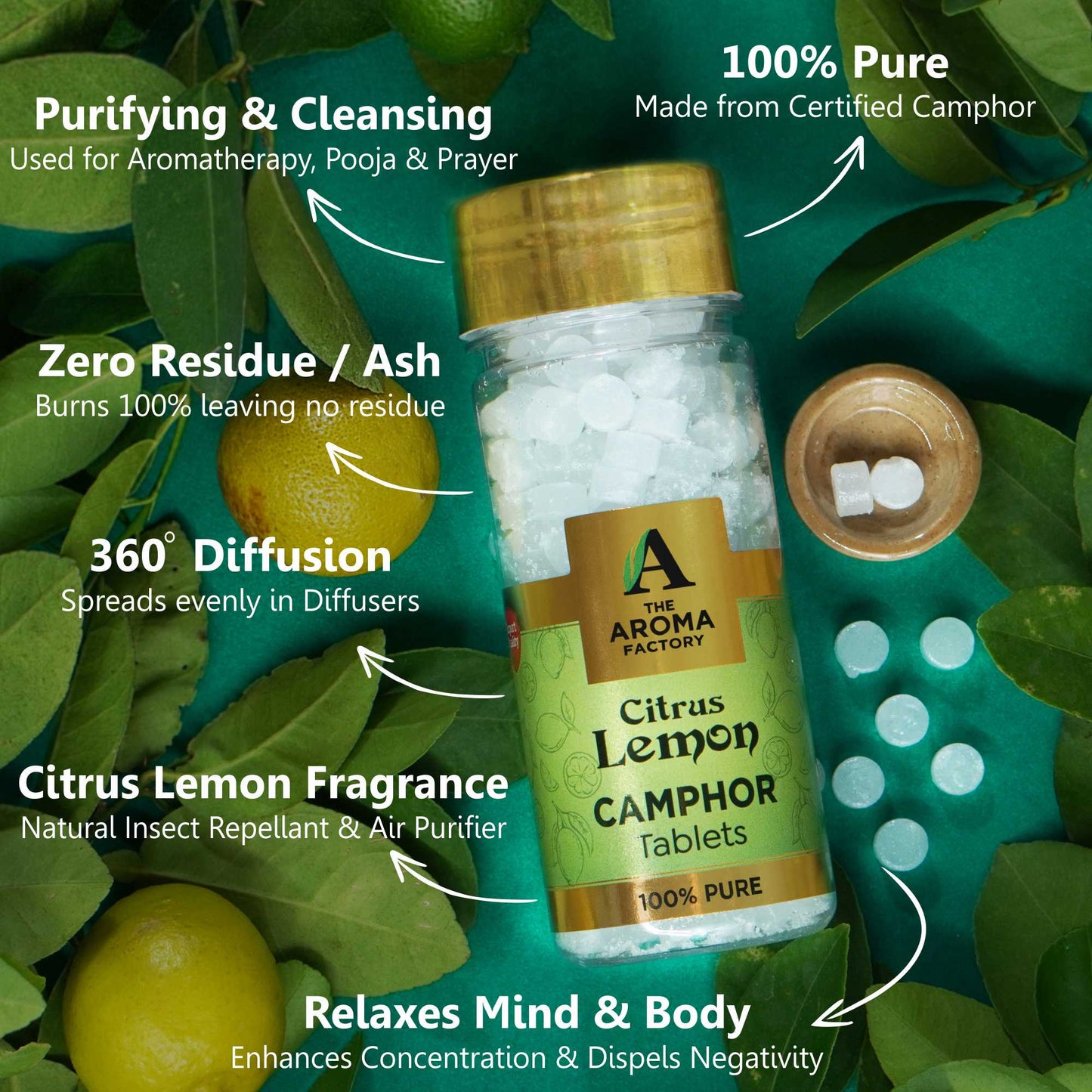 The Aroma Factory 100% Pure Camphor Tablets Fresh Active, Rose & Citrus Lemon Fragrances Pack of 3 Bottle