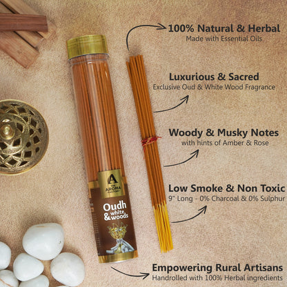 The Aroma Factory Organic Incense Sticks (Herbal Agarbatti for Smudging, Cleansing) 0% Charcoal, 0% Sulphur, 3 x 100g Bottle (Santal & Vanilla, Amber Myrrh, Oudh & White Woods)