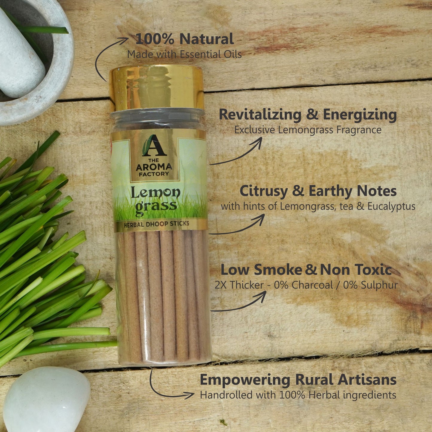 The Aroma Factory Dhoop batti, No Bamboo Herbal Dhoop Sticks with Incense Holder, 3 Bottle x 100g (Clove & Lemon, Lemongrass & Palo Santo)