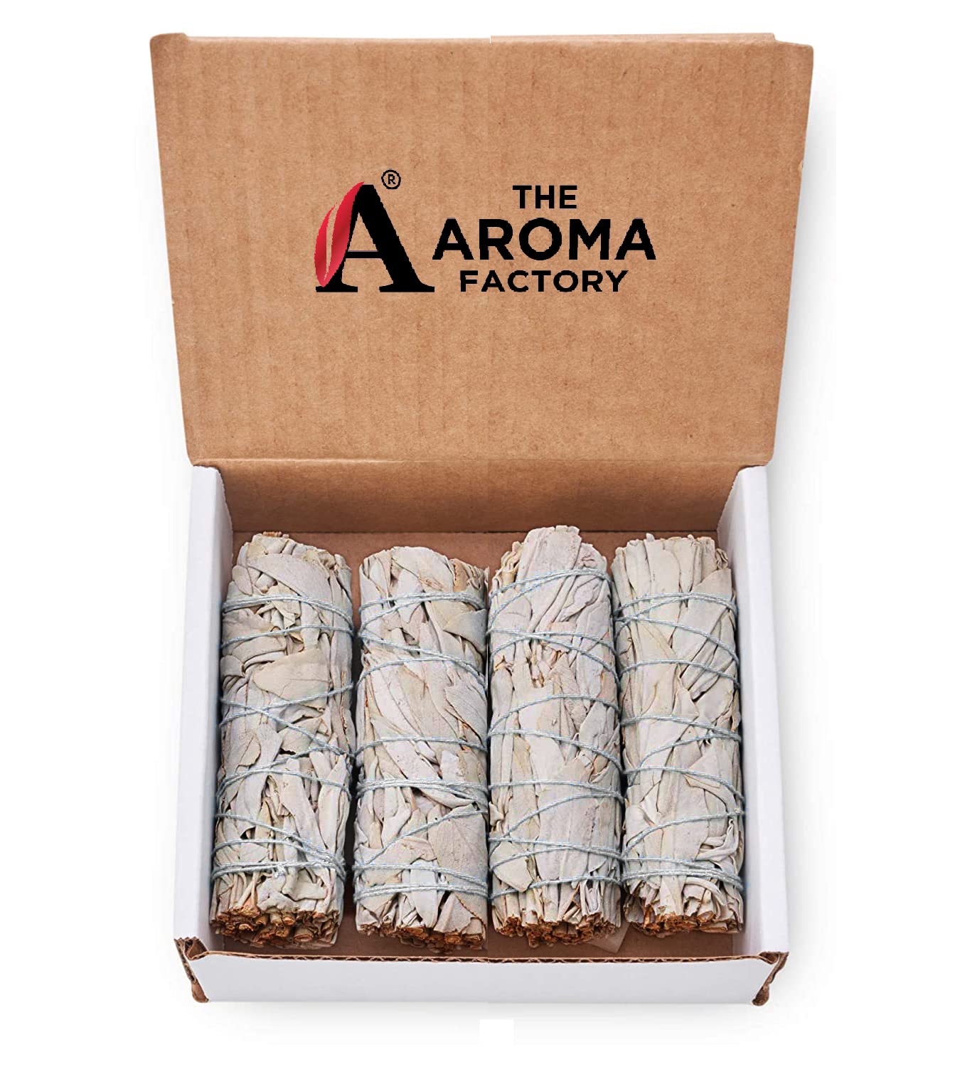 The Aroma Factory Natural White Sage Dry Leaves Smudging Sticks (6 Inch x 30g Each) Removes Negativity, Aura Cleansing, 1 Box (White Sage, Pack of 4)