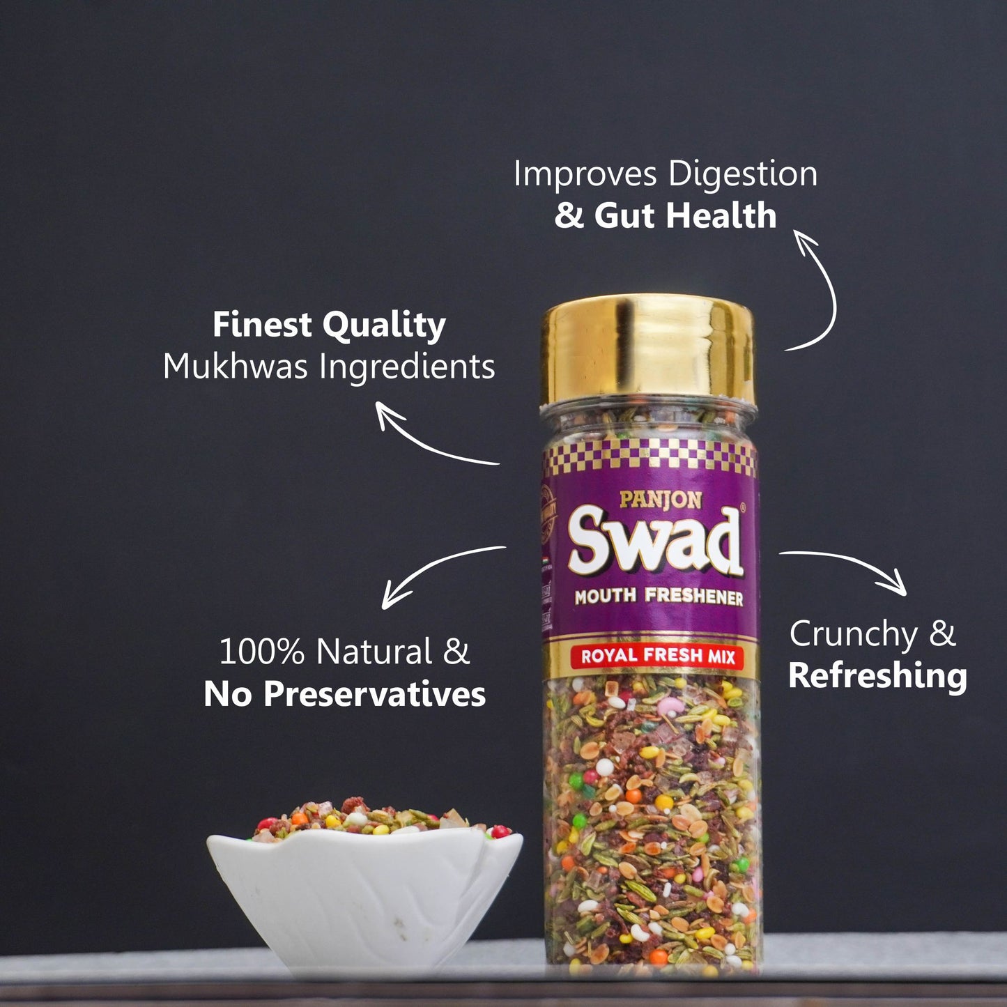 Panjon Swad 5 Mouthfresheners Combo (Navratan Mix Mukhwas, Royal Fresh,White Sweet Saunf, Coloured Saunf, Roasted Saunf) 700g