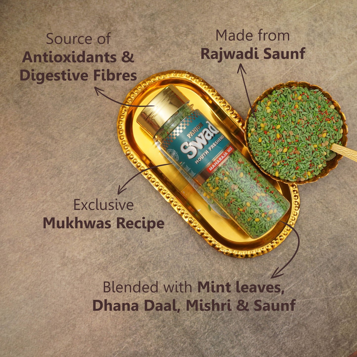 Panjon Swad Mukhwas Mouth Freshener 5 bottles (Rajasthani, Rajbhog, Mumbaiya, Kashmiri, Maharaja Mix) 750g