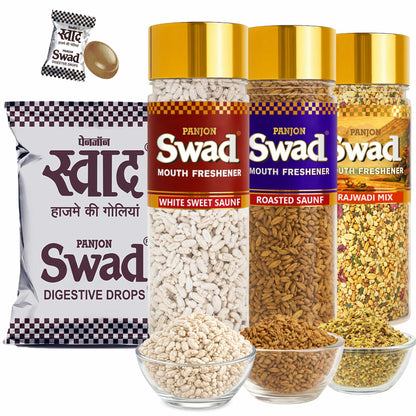 Swad Digestive Candy Pouch (25pcs) White Sweet Saunf, Roasted Saunf, Rajwadi Mukhwas Mouthfresheners, 4 units