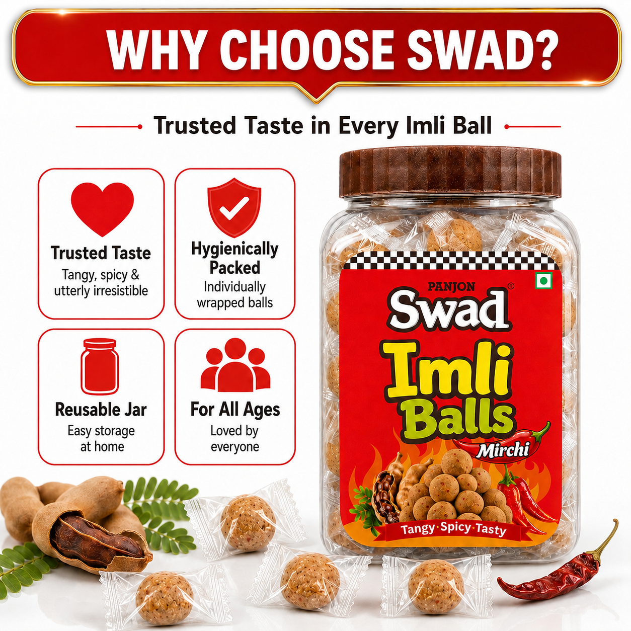 Swad Mirchi Imli Balls Khatti Meethi Candy | Tangy & Spicy Tamarind Candy | Chatpata Imli Goli | Sweet & Sour Indian Candy | Tamarind Balls Jar Pack | 220g