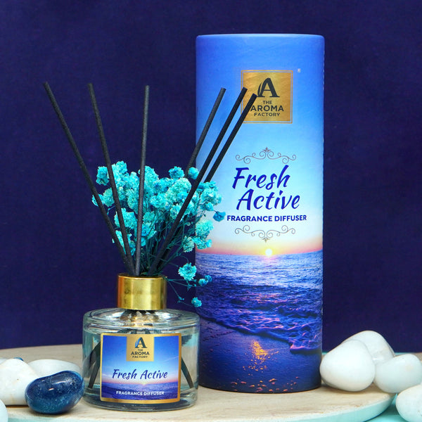 The Aroma Factory Fragrance Diffuser Set with Fibre Reed Sticks, Real Flowers, 100 ml (3.4 Oz) Aroma Oil (Fresh Active, 1 Box)