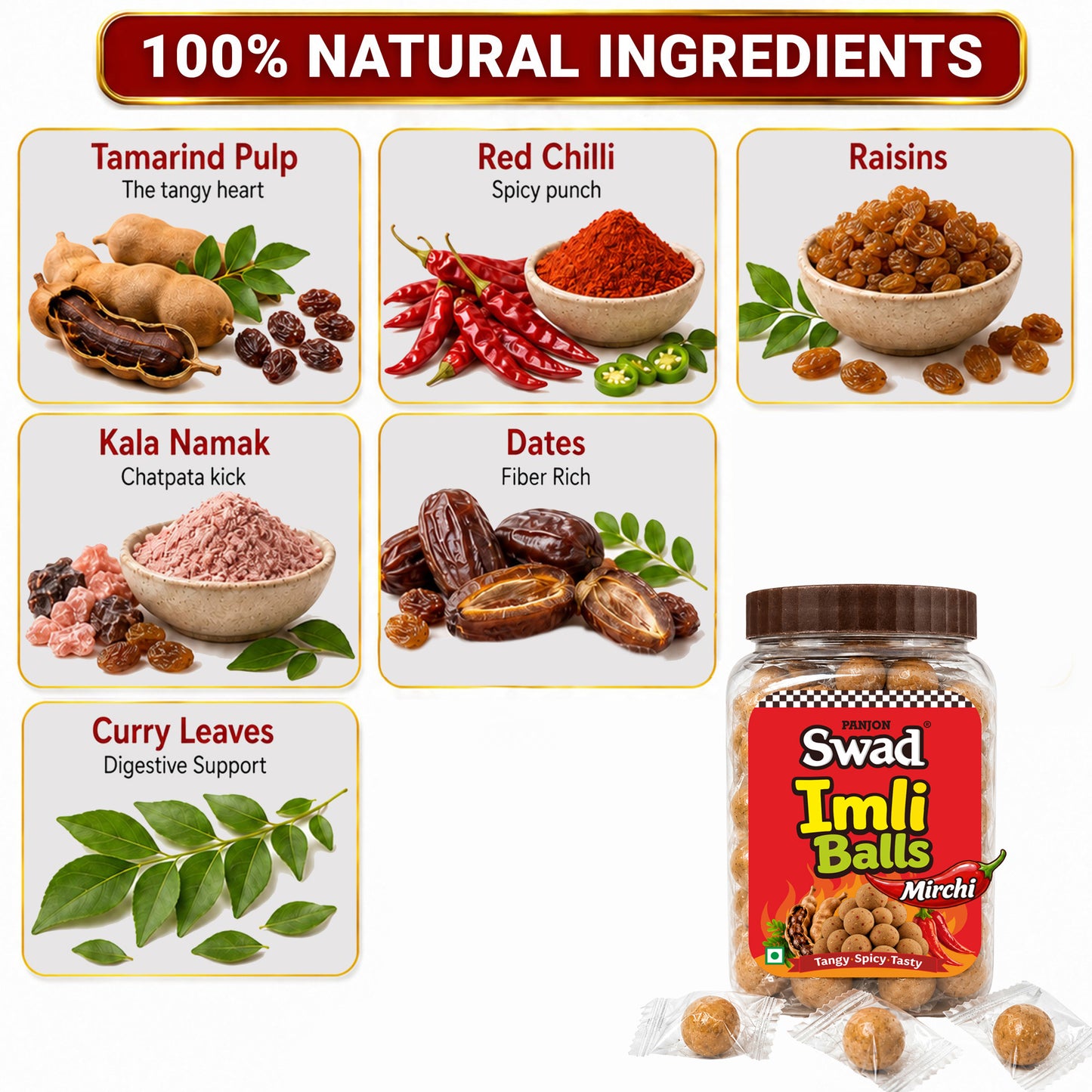 Swad Mirchi Imli Balls Khatti Meethi Candy | Tangy & Spicy Tamarind Candy | Chatpata Imli Goli | Sweet & Sour Indian Candy | Tamarind Balls Jar Pack | 220g