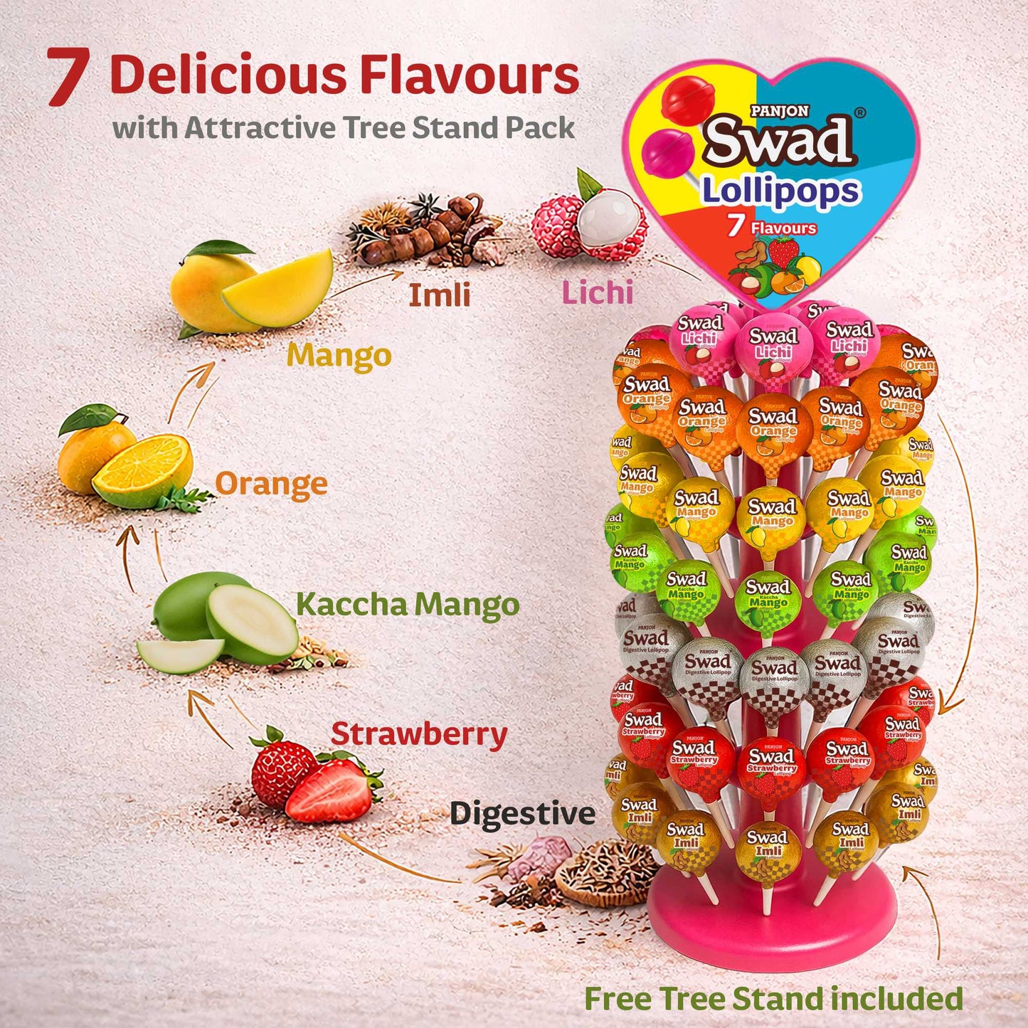 Swad Lollipops Assorted Fruit Flavours | Litchi, Strawberry, Mango, Orange, Kaccha Mango, Imli & Digestive | Candy Dispenser Tree Pack, Birthday Kids Return Gifts, 840g