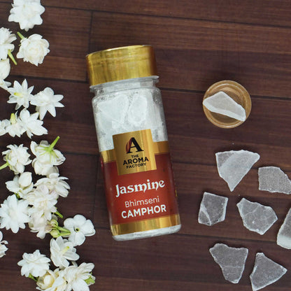 The Aroma Factory Pure Bhimseni Camphor, Jasmine, Zero Residue Kapoor with Fragrance for Pooja, Aarti Kapur | Bottle Pack of 1 x 80gm