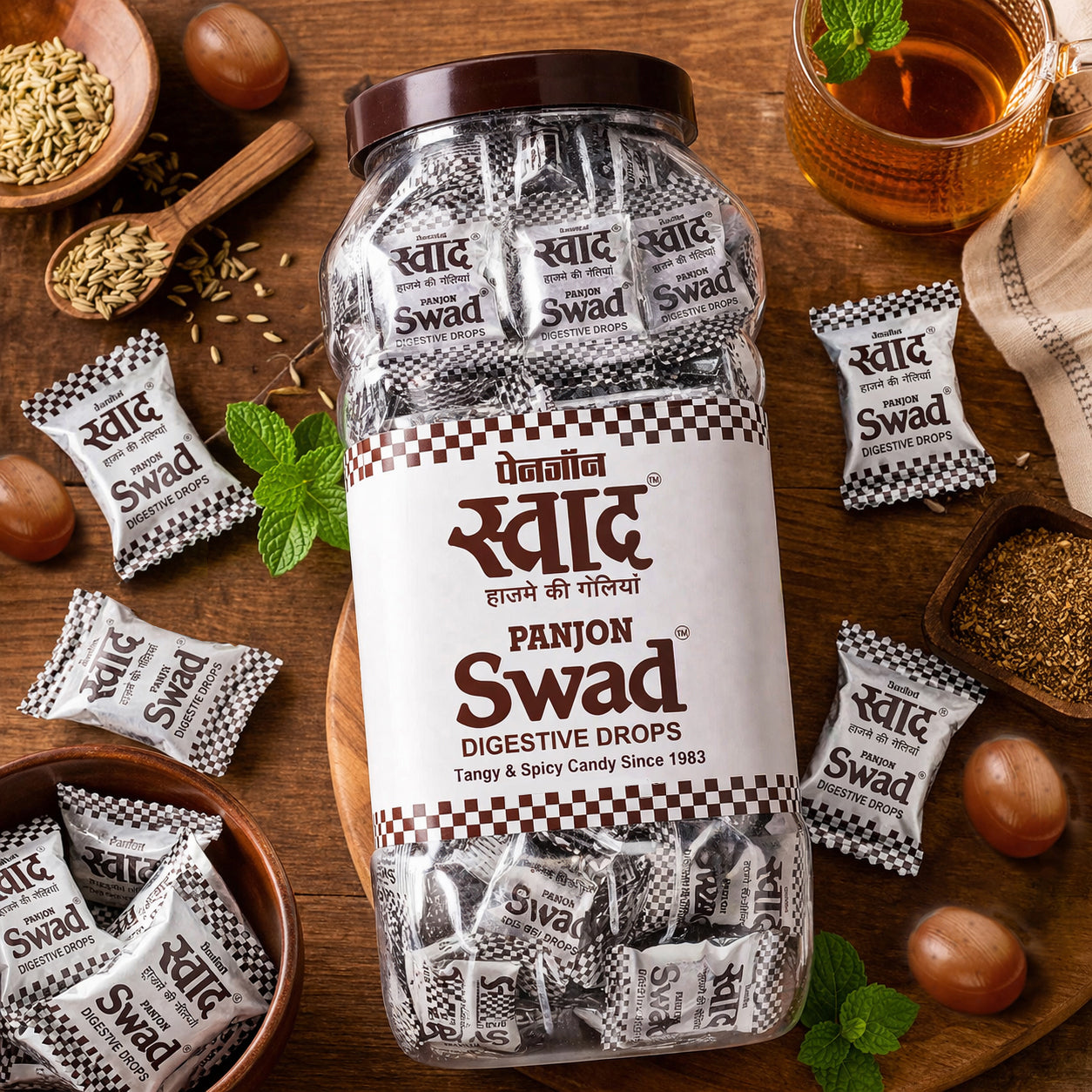 Swad Digestive Drops (Original Candy Since 1983) Sweet & Spicy Masala Flavour, 200 Toffee Jar