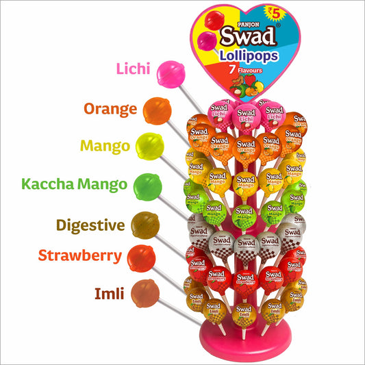 Swad 7 Fruit Flavoured Lollipops – 147 Pieces | Litchi, Strawberry, Mango, Orange, Kaccha Mango, Imli & Digestive | Candy Dispenser Tree Pack, Birthday Party Favors, Kids Return Gifts & Festive Treats