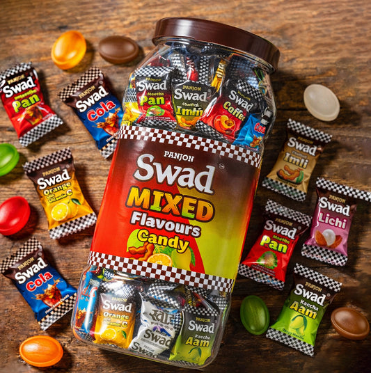 Swad Mixed Candy (Original, Kaccha Mango, Imli, Pan, Coffee, Cola, Orange) Mix Flavours, 200 Toffee Jar