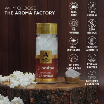 The Aroma Factory Pure Bhimseni Camphor, Jasmine, Zero Residue Kapoor with Fragrance for Pooja, Aarti Kapur | Bottle Pack of 1 x 80gm