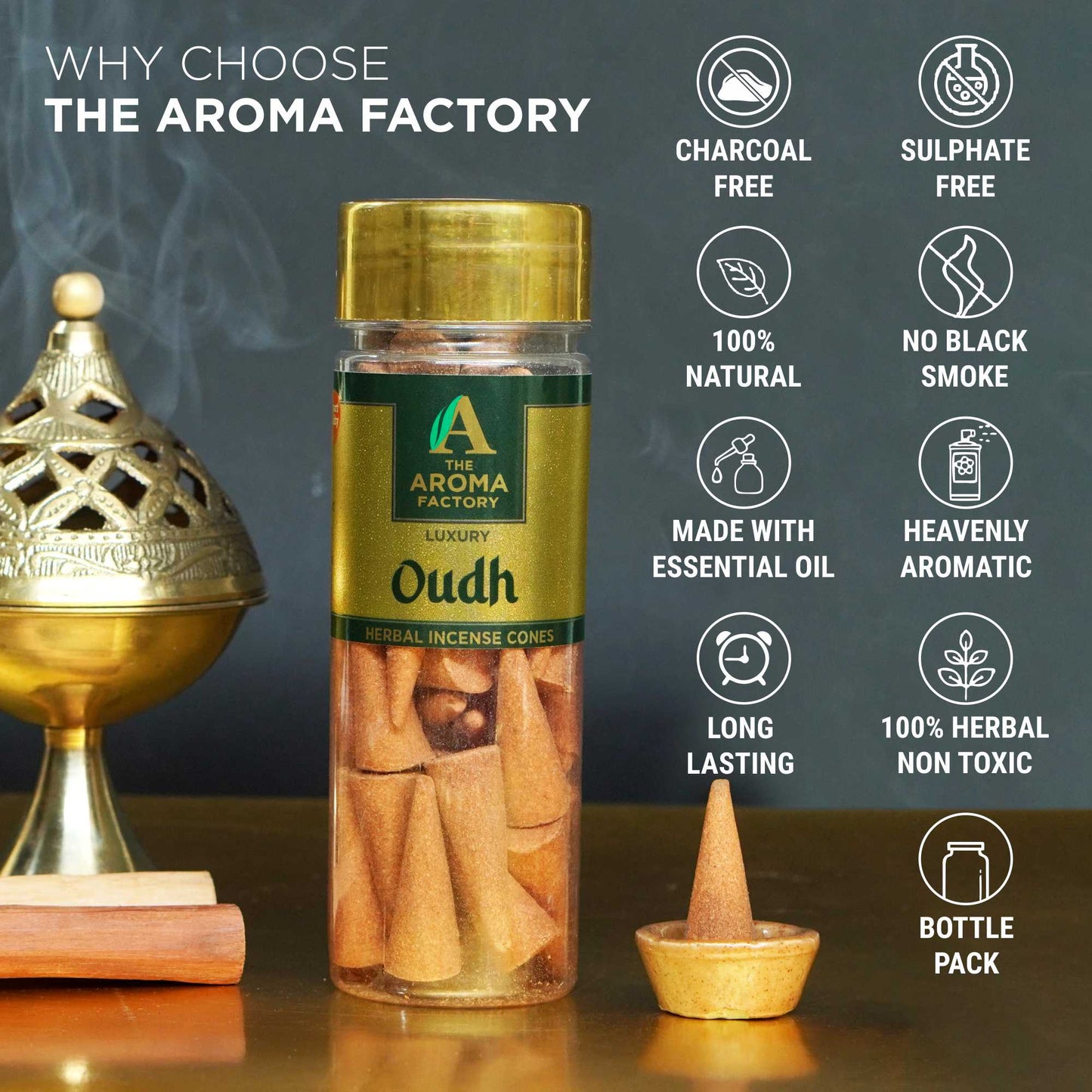 The Aroma Factory Oudh Incense Cone (0% Charcoal 0% Suphates Luxury Oud Dhoop) Free Holder Bottle Pack, 30 Cones