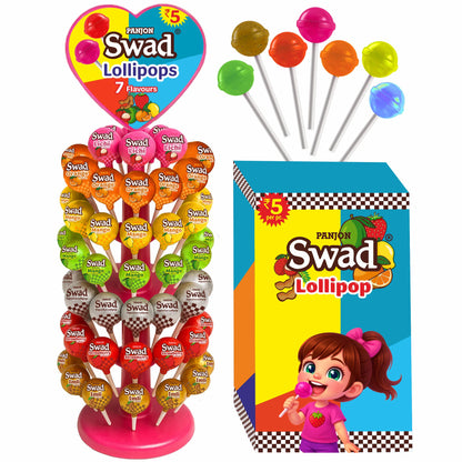Swad Lollipops Assorted Fruit Flavours | Litchi, Strawberry, Mango, Orange, Kaccha Mango, Imli & Digestive | Candy Dispenser Tree Pack, Birthday Kids Return Gifts, 840g