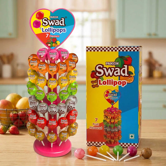 Swad Lollipops Assorted Fruit Flavours | Litchi, Strawberry, Mango, Orange, Kaccha Mango, Imli & Digestive | Candy Dispenser Tree Pack, Birthday Kids Return Gifts, 840g