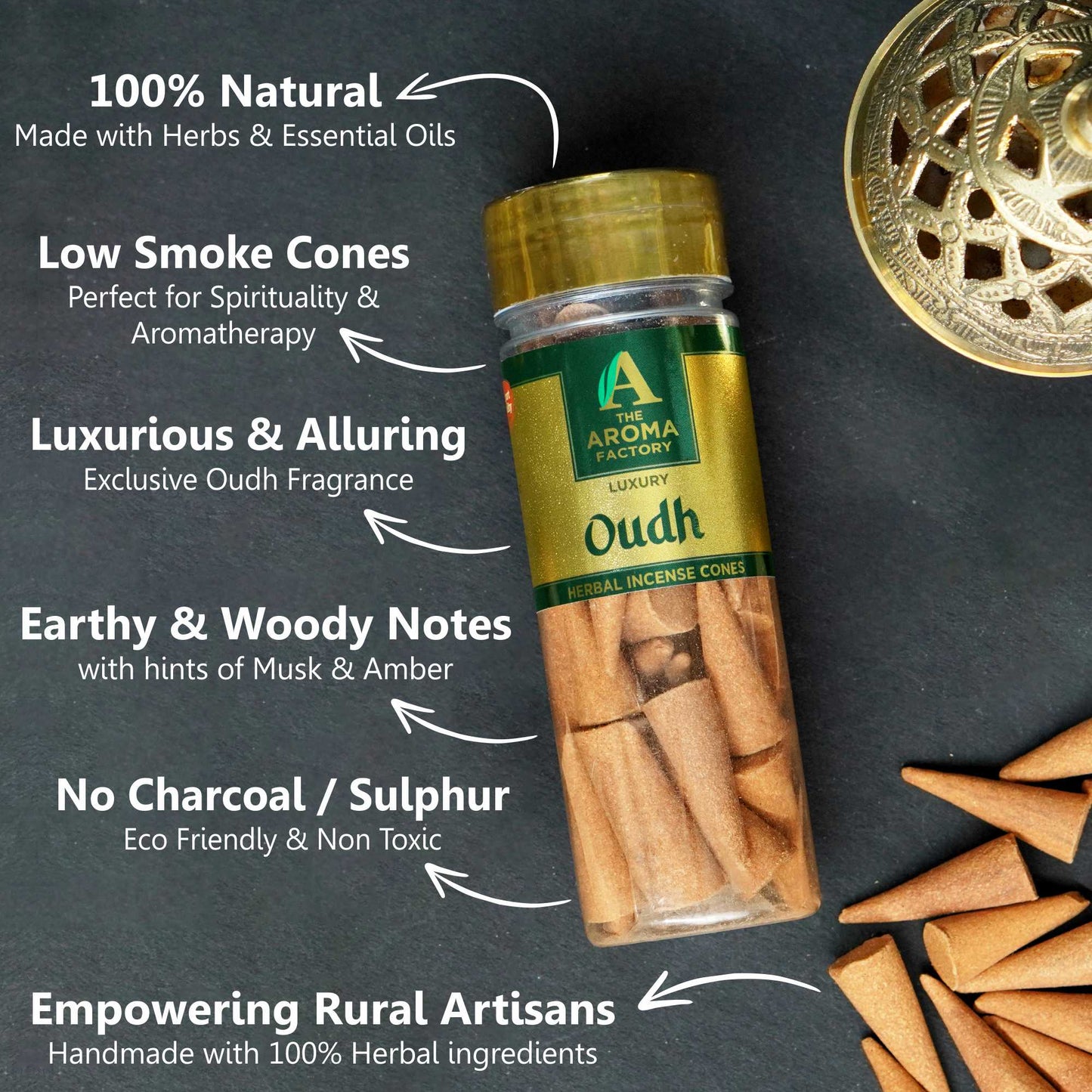 The Aroma Factory Oudh Incense Cone (0% Charcoal 0% Suphates Luxury Oud Dhoop) Free Holder Bottle Pack, 30 Cones