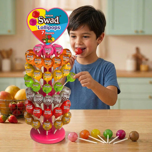 Swad Lollipops Assorted Fruit Flavours | Litchi, Strawberry, Mango, Orange, Kaccha Mango, Imli & Digestive | Candy Dispenser Tree Pack, Birthday Kids Return Gifts, 840g