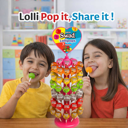 Swad Lollipops Assorted Fruit Flavours | Litchi, Strawberry, Mango, Orange, Kaccha Mango, Imli & Digestive | Candy Dispenser Tree Pack, Birthday Kids Return Gifts, 840g