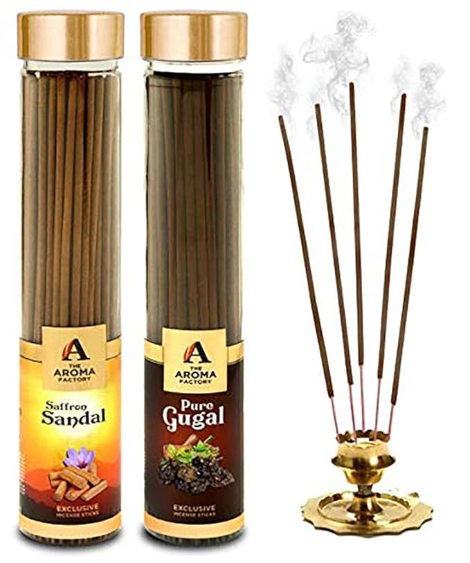 The Aroma Factory Agarbatti for Pooja, Kesar Chandan & Pure Gugal Incense Sticks, Charcoal Free & Low Smoke Agarbatti with Essential Oils & Natural Fragrance for Home, Offices (100g X 2 Bottle)